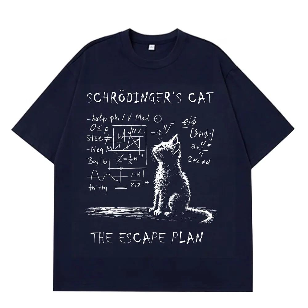 

Men s physics quantum mechanics cat creative print short-sleeved 100% pure cotton T-shirt, street casual wear loose clothing 4XL