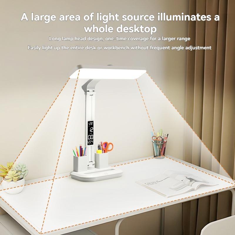 LED Desk Lamp with Digital Clock, Dimmable Eye-Caring Light with Pen Holder, USB Charging for Study, Home