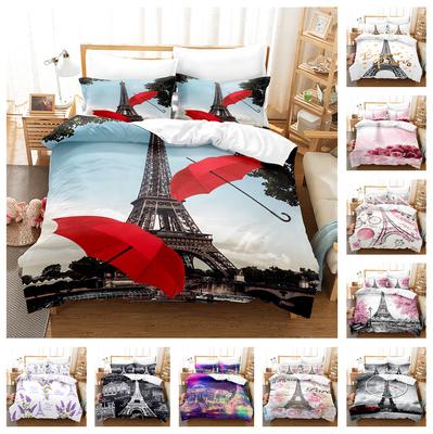 Juego de cama de la Torre Eiffel en 3D, funda nórdica de amor romántico francés, 2/3 piezas AU180 * 210, decoración del hogar lavable suave individual/doble