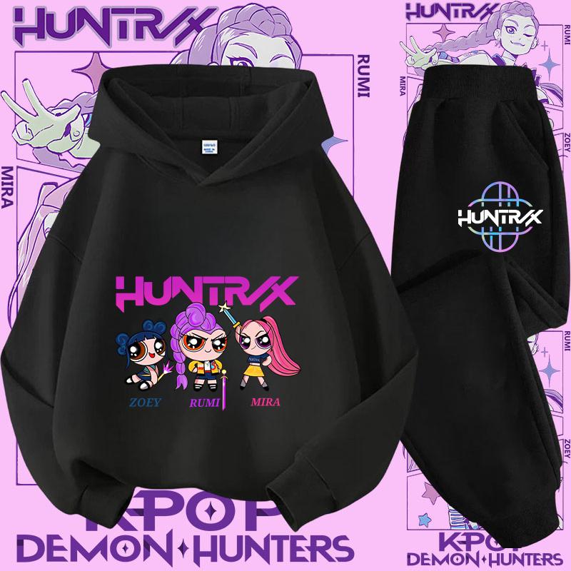 New K-pop Demon Hunter 3 - 12-year-old Girls' Sportswear 2-piece Cute Casual Top Children's Hooded Shirt Set with Cartoon Print