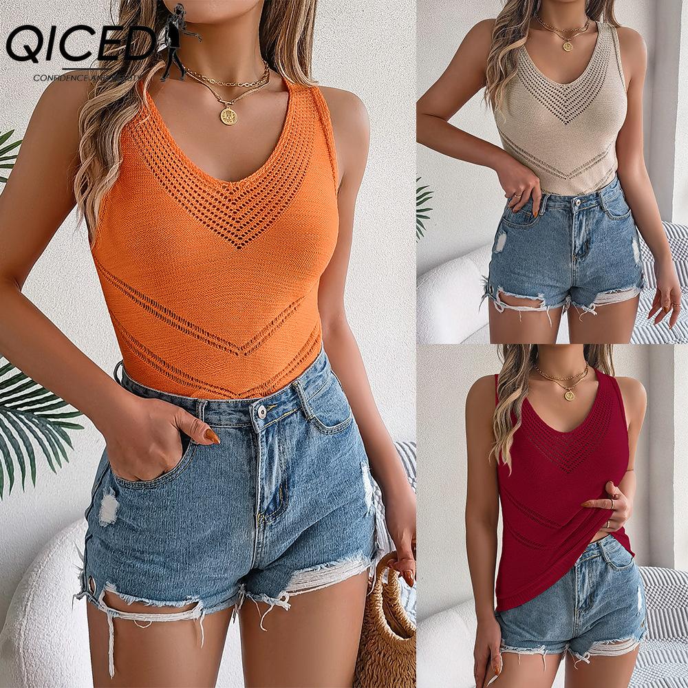 QICED Spring Summer Casual V-neck Cut-out Knitted Sweater for Vacation Top Women's Wear