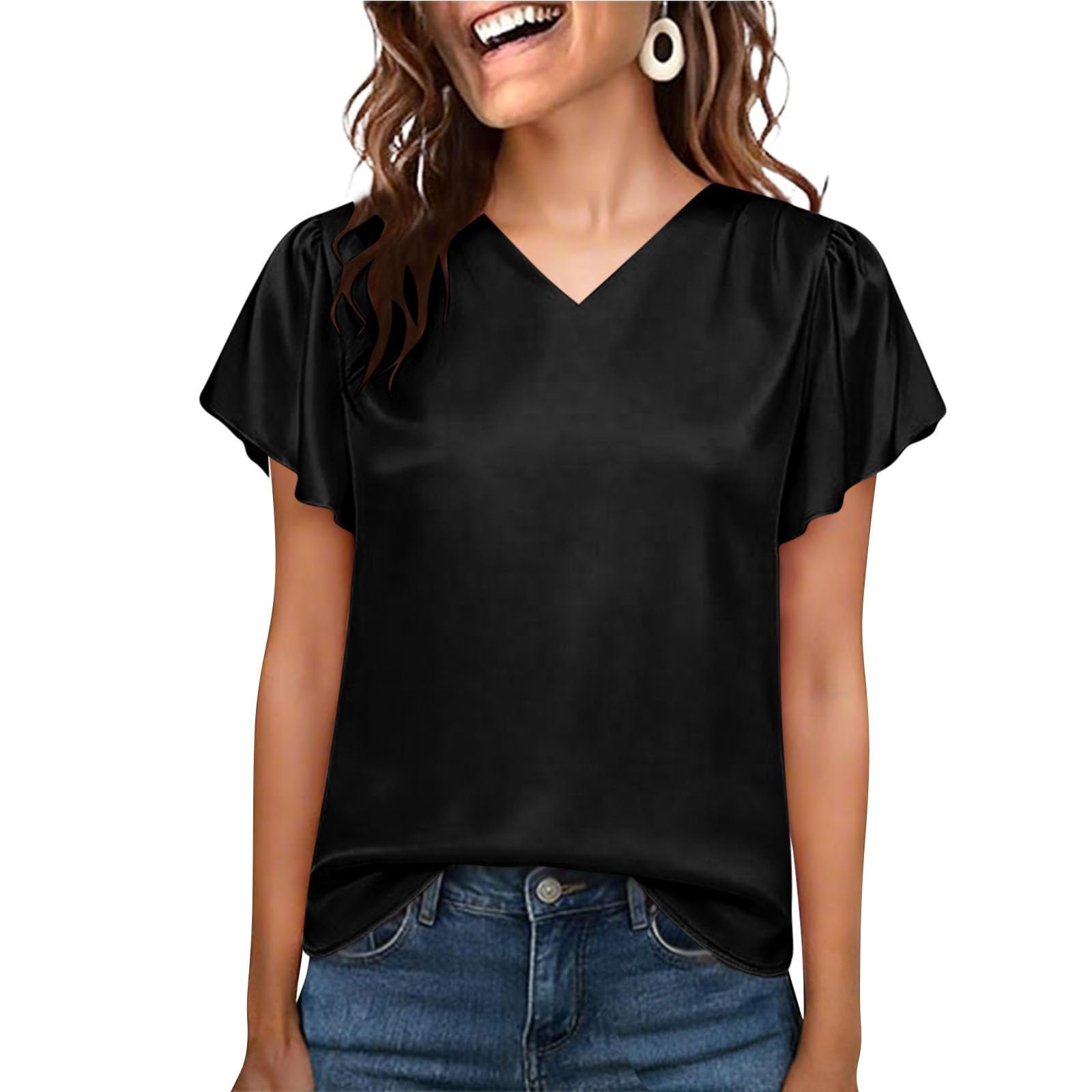 Women s Fashionable Color V Neck Pleated Loose Ruffle Edge Short Sleeved Shirt Top XXL чёрный
