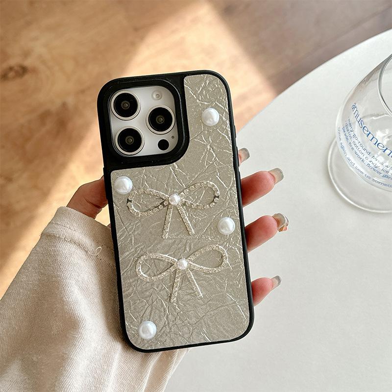 Pearl Bow Phone Case for Apple 17promax Leather Texture High Quality for IPhone16pro Protective Case