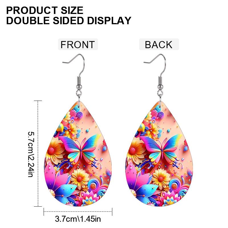 Vibrant Spring Blue Pink Butterflies with Floral PU Earrings for Women, Y2K Pink Color Double Sided Print Waterdrop Earrings