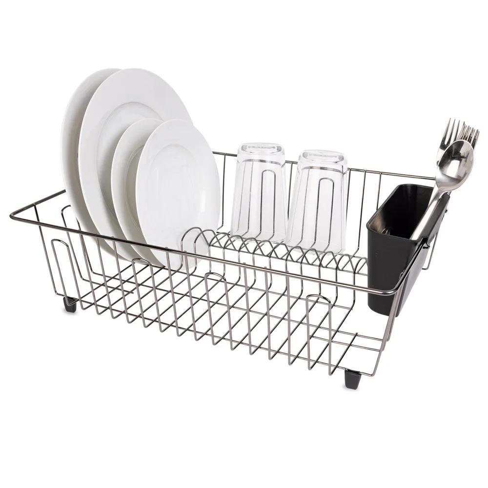 Large Wire Dish Rack Kitchen Organizer Drying Rack with Cutlery Cup Countertop Storage Black Chrome Rust Resistant Metal
