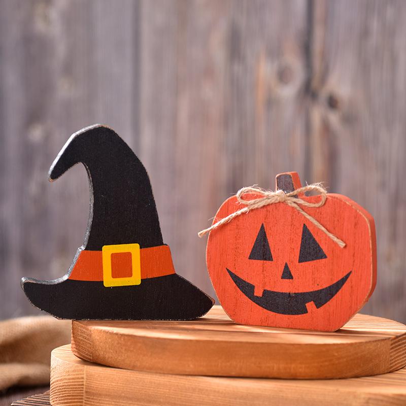 Halloween, Wooden Decorative Ornaments, Home Decor Ornaments, Pumpkins, Bats, Witch Hats, Candies, Layered Tray Ornaments