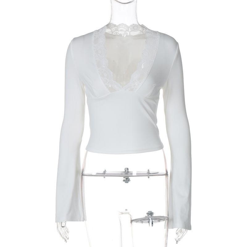 

Gusty Fashion Ins Pure Desire Sexy Lace V-neck Patchwork Long Sleeves T-shirt Young Adult Lady like Woman Temperament Waist-Controlled Short Top White L