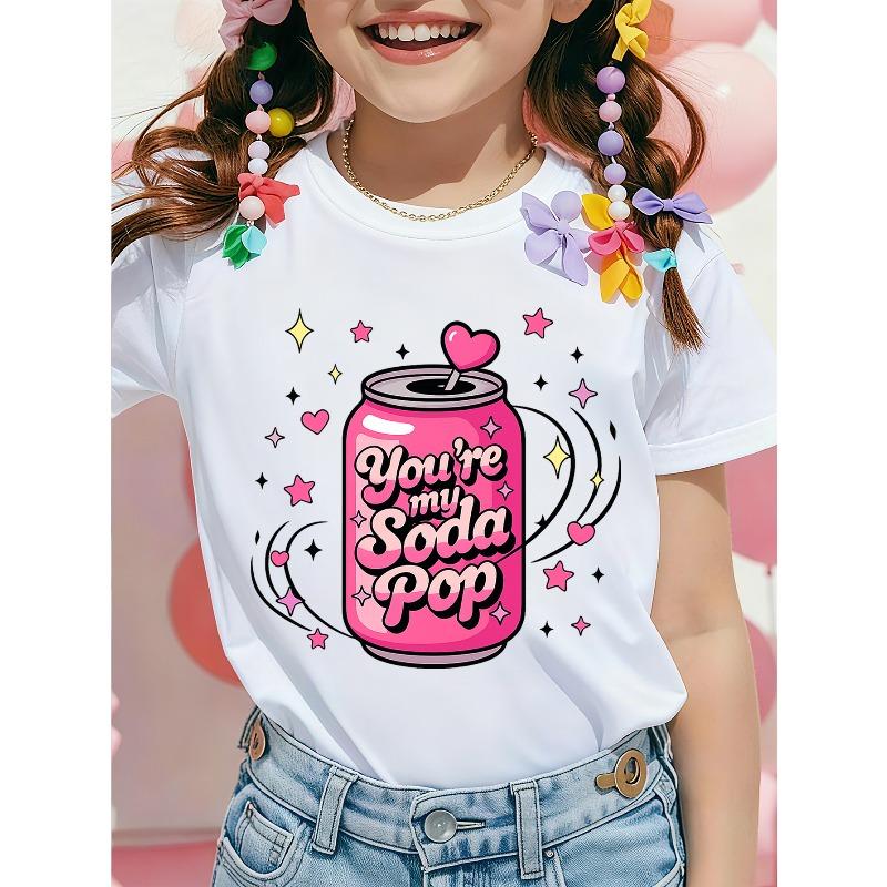 

European Size Girls Round Neck Short Sleeved T Shirt with Cartoon Pattern of Small Soda Soda Water 164cm білий