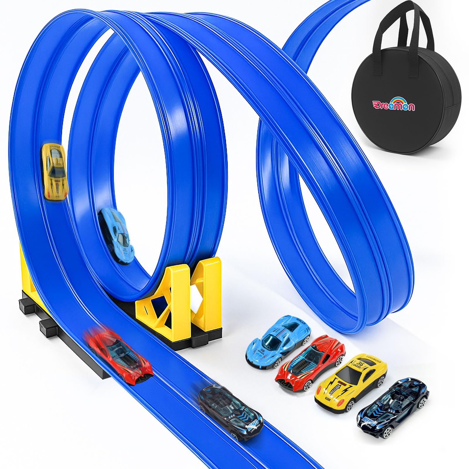 

Dreamon Cart Track 5m Flexible Rail with 4 Plastic Mini Cars, 2 Slopes, and Storage Bag - Toy Car Set for Kids, Educational Toy for Boys and Girls, Po
