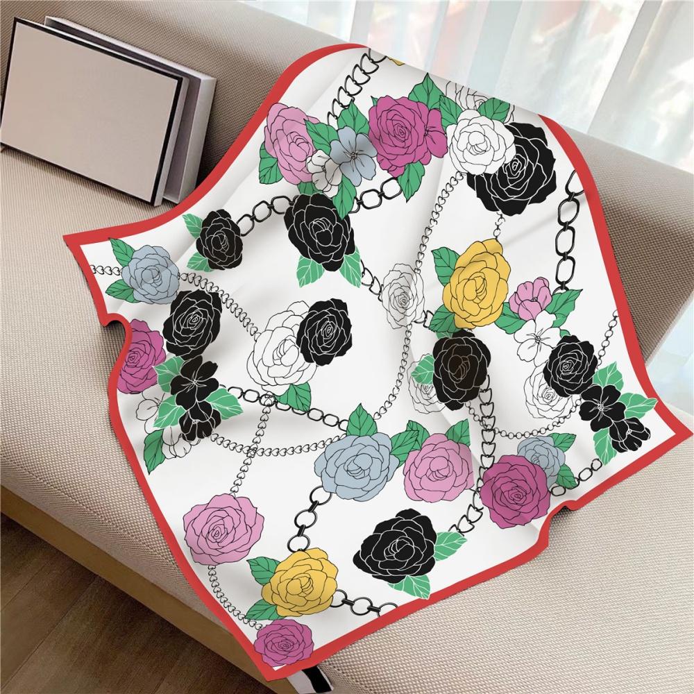New Design Letters Flowers Printed Twill Silk Scarf Square Scarves Lady Wraps Kerchief Woman Neck Shawl Wraps Echarpes 90Cm