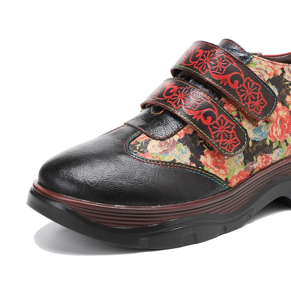 Johnature Retro Women Flats Shoes Genuine Leather Patchwork Printed Round Toe Comfortable Casual Platform Shoes