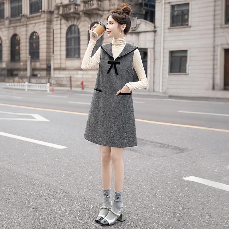 Women's Vintage Naval Collar Wool Blend Bow Vest Dress