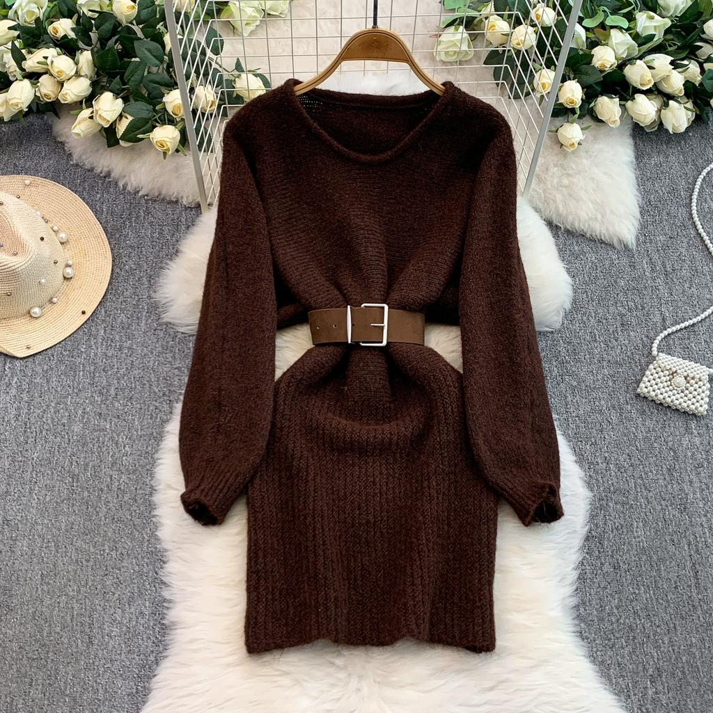 Autumn Winter Women Elegant O-neck Knitted Sweater Chic Mini Short Straight Pullover Dresses with Belt