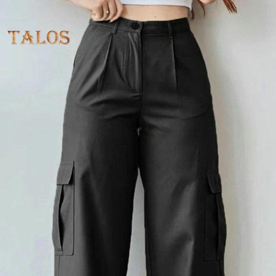 Damen-Cargohose, mittelhoher Bund, Knopfleiste, Reißverschluss, lässige Hose mit mehreren Taschen, gerades Bein, lockere Passform, einfarbig, lange Hose