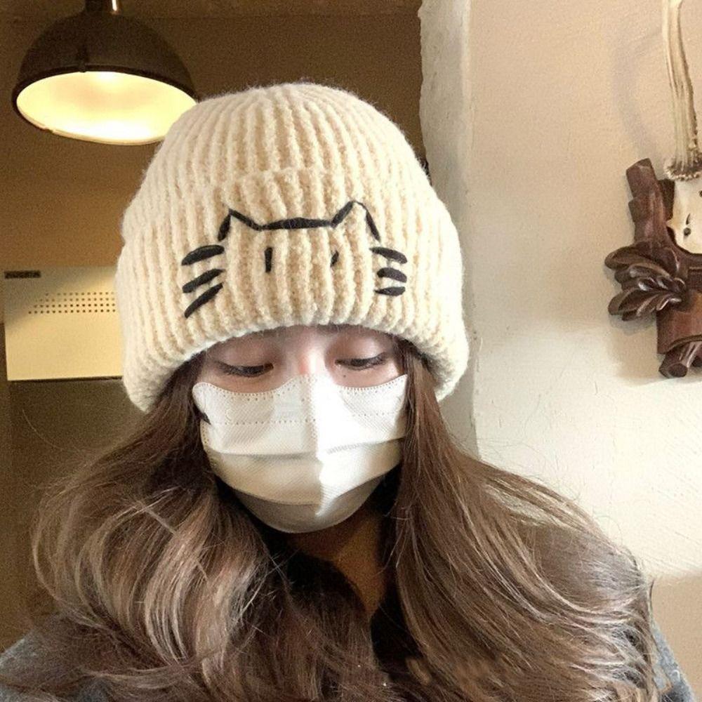 Embroidered Kitten Knit Beanies Warm Printing Knit Cap Cute Cat Knitted Hat  Apparel Accessories