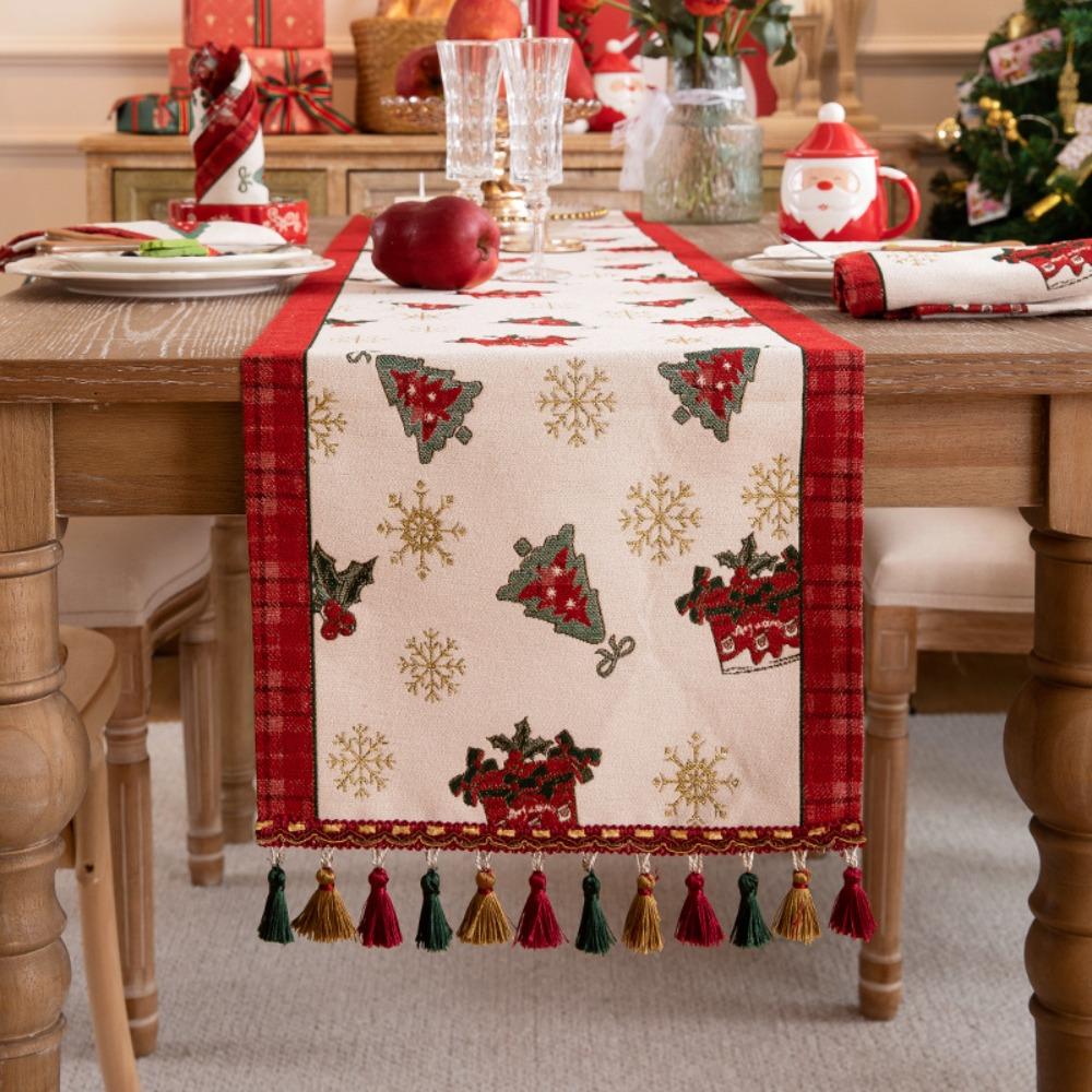 

Red Christmas Table Runner Woven Jacquard Xmas Tree Holiday Bed End Flag Dresser Coffee Table Cover 35X140