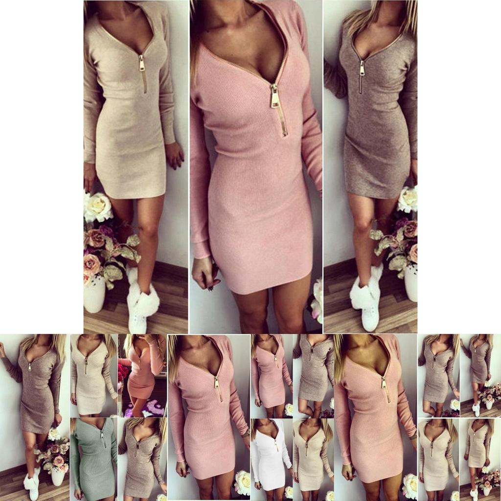 Elegantes Damen Reißverschluss V-Ausschnitt Langarm Strick Bodycon Party Abend Mini Kleid Tops Für Alle Anlässe