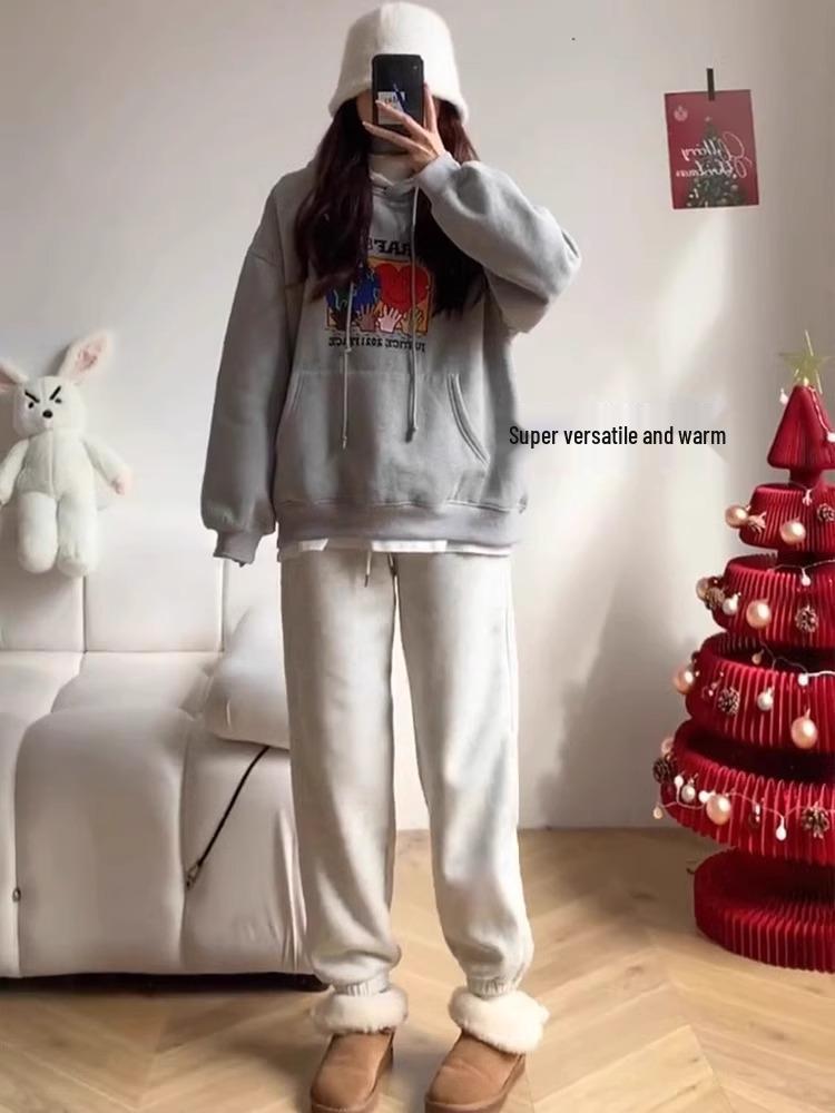 Women's Lambswool Wide-Leg Sweatpants - Plush, Thick Winter & Autumn/Spring Cotton Blend, Sports Style, 2024 Edition, Small Sizes Available.