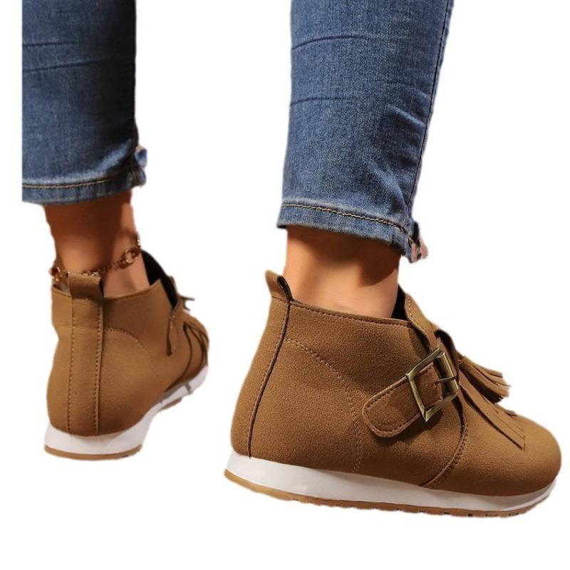 Large size tassel low heel casual single shoes women's autumn and winter new belt buckle suede versatile single shoes
