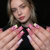 Photo Ready Press On False Nail Set, Pink French Floral Beads Art Detail with 24Pieces, 12 Inclusive Size, and Glossy Finish