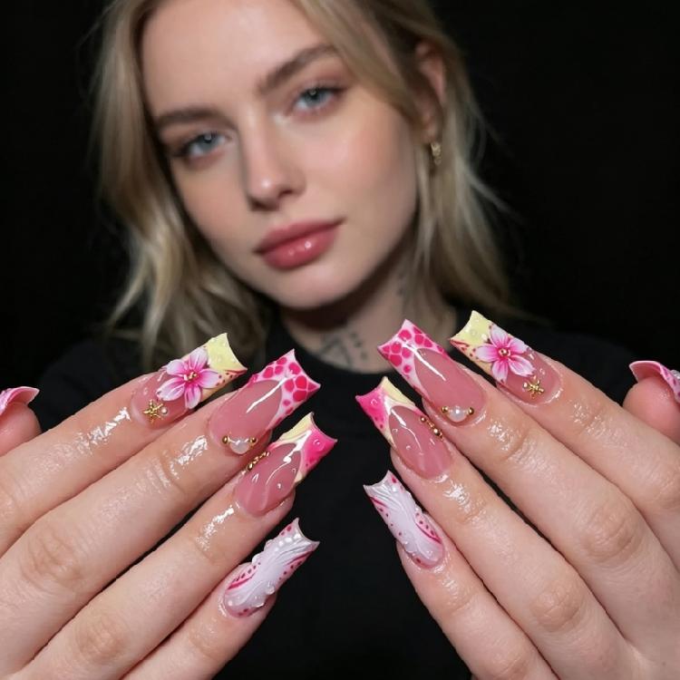 Photo Ready Press On False Nail Set, Pink French Floral Beads Art Detail with 24Pieces, 12 Inclusive Size, and Glossy Finish