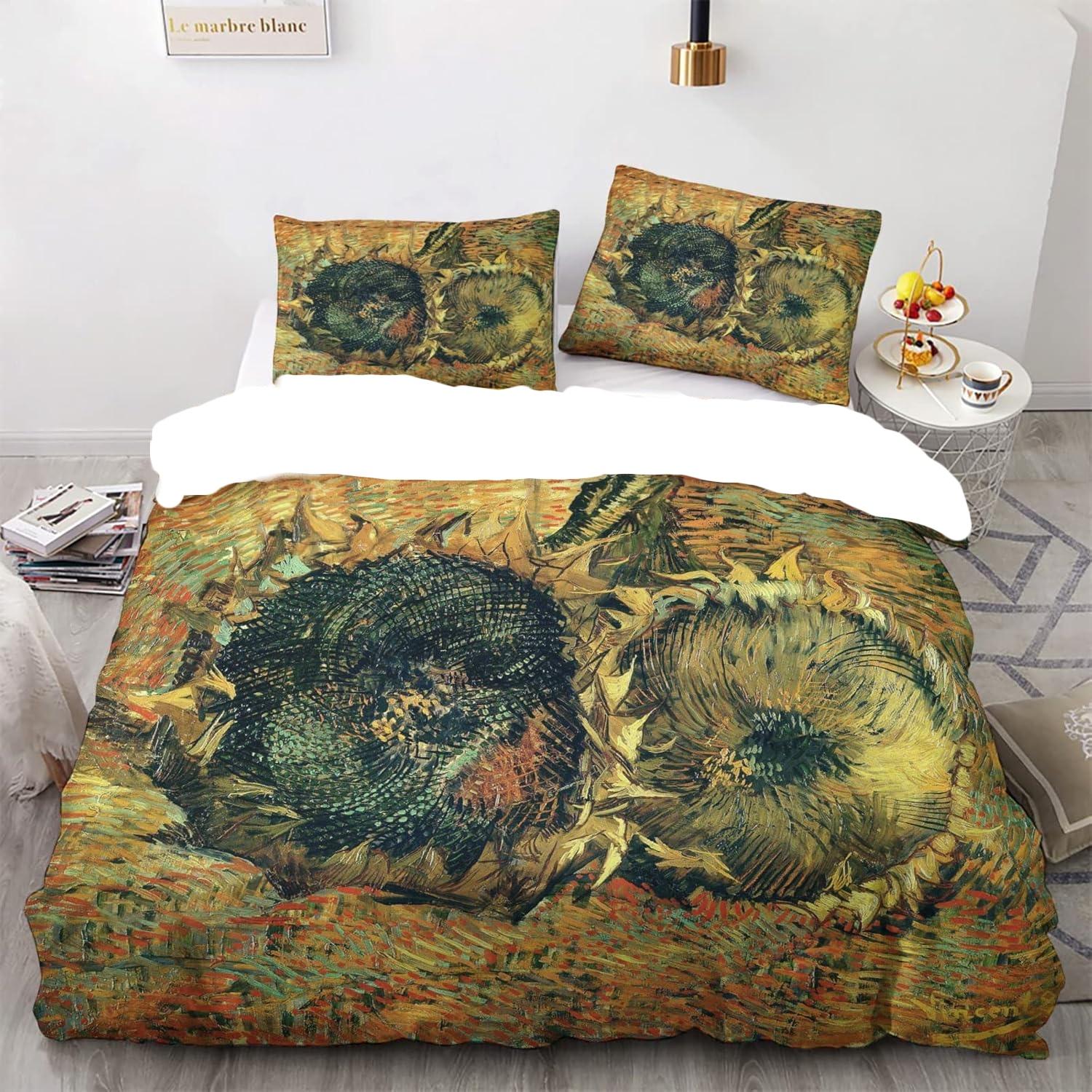 Ван Гог Комплект постельного белья размера Queen с пододеяльником  Цветущий абрикос , 2 наволочки, стеганое покрывало с рисунком, мягкое, легкое, микрофибра EU Single(135x200cm)