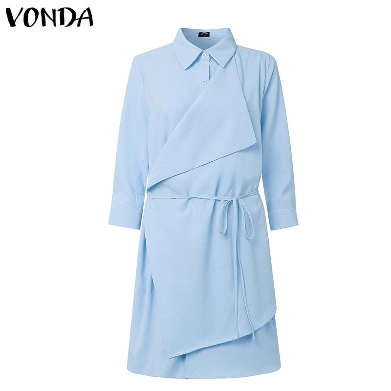 VONDA Women Casual Turn Down Collar Long Sleeve Front Cross Shirt Dress