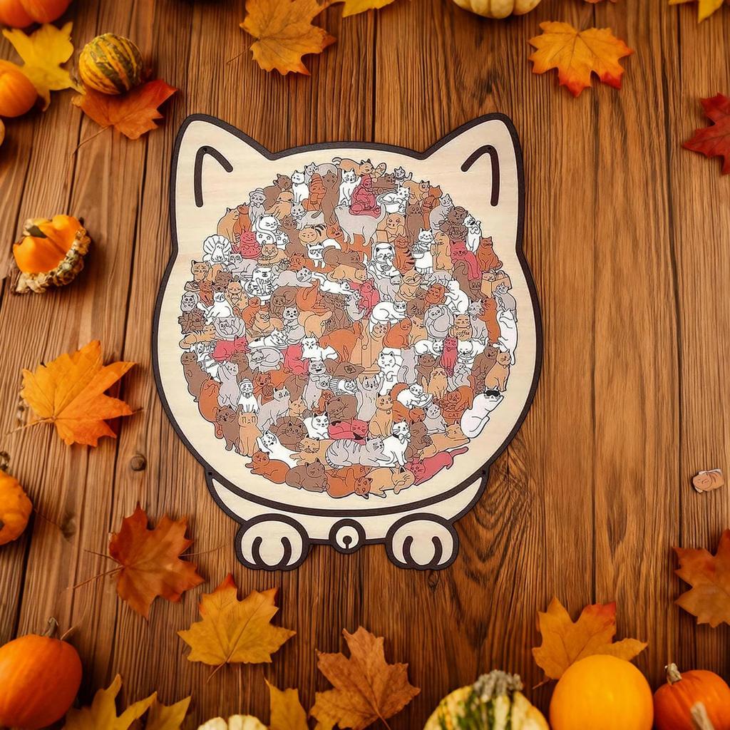 135 PCS Cat-shaped Wooden Jigsaw Puzzle Unique Irregular Puzzle Pieces Game Birthday Xmas Gifts for Cat Lovers Home Decorations