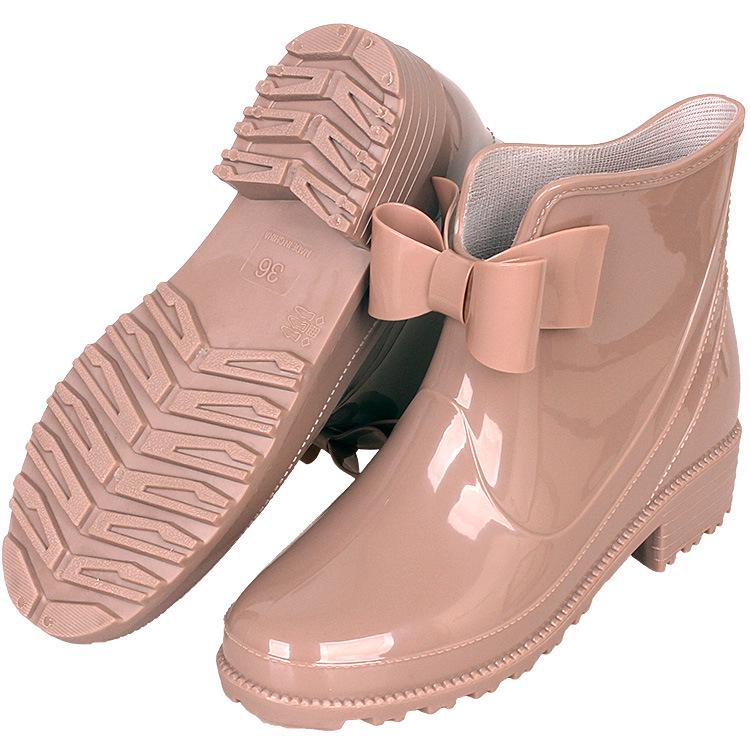 Women's European & American Bow Low Tube Rain Boots - Fashionable Non-Slip PVC for Outdoor Wear.
