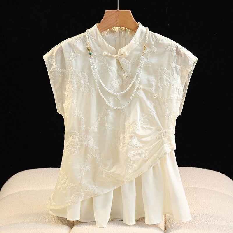 

2025 button stand-up collar sleeveless top improved printed shirt women s summer retro M (under 50kg recommended)