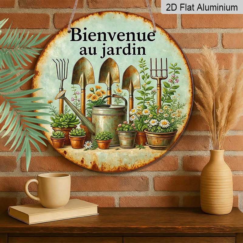 2D Flat, 1pc Round French Aluminum Sign, Vintage "Welcome to the Garden" Decor Plaque - Garden Tools & Plants Wall Plaque, Decor Sign for Balcony