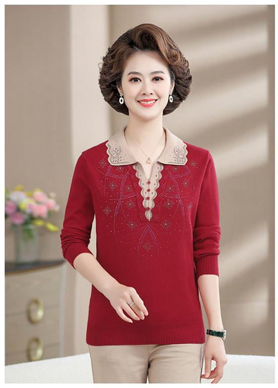 Mom's Plus Size Knit Lapel Sweater - Long-Sleeved Autumn/Winter Base Layer for Middle-Aged Women