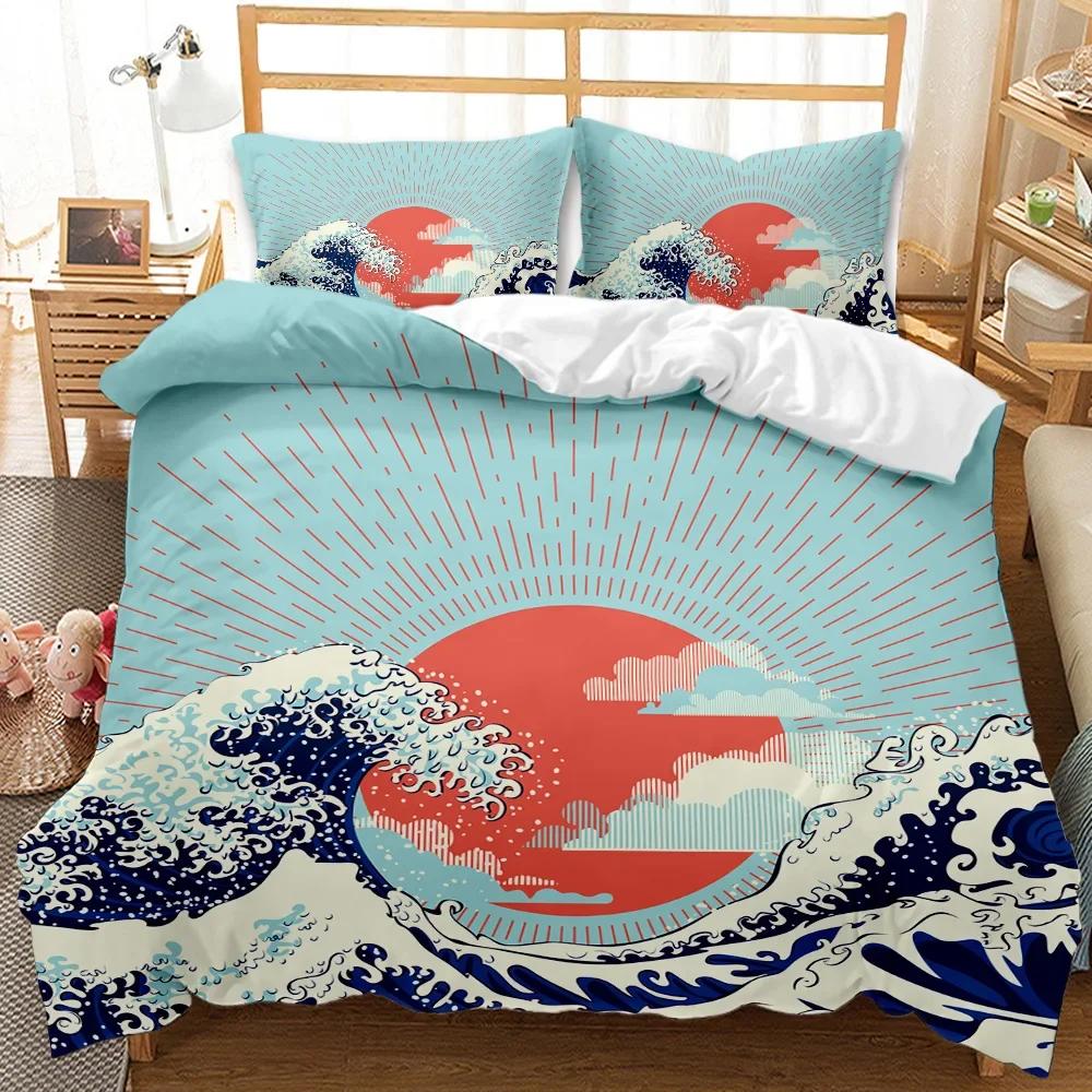 Japanese Style Comforter Cover Set Cherry Blossoms Crane 2/3Pcs Polyester Bedding Set Sea Waves Duvet Cover Set Twin Queen Size