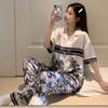 New light luxury fashion leopard print floral design feeling ice silk satin pajamas women's loungewear short-sleeved set