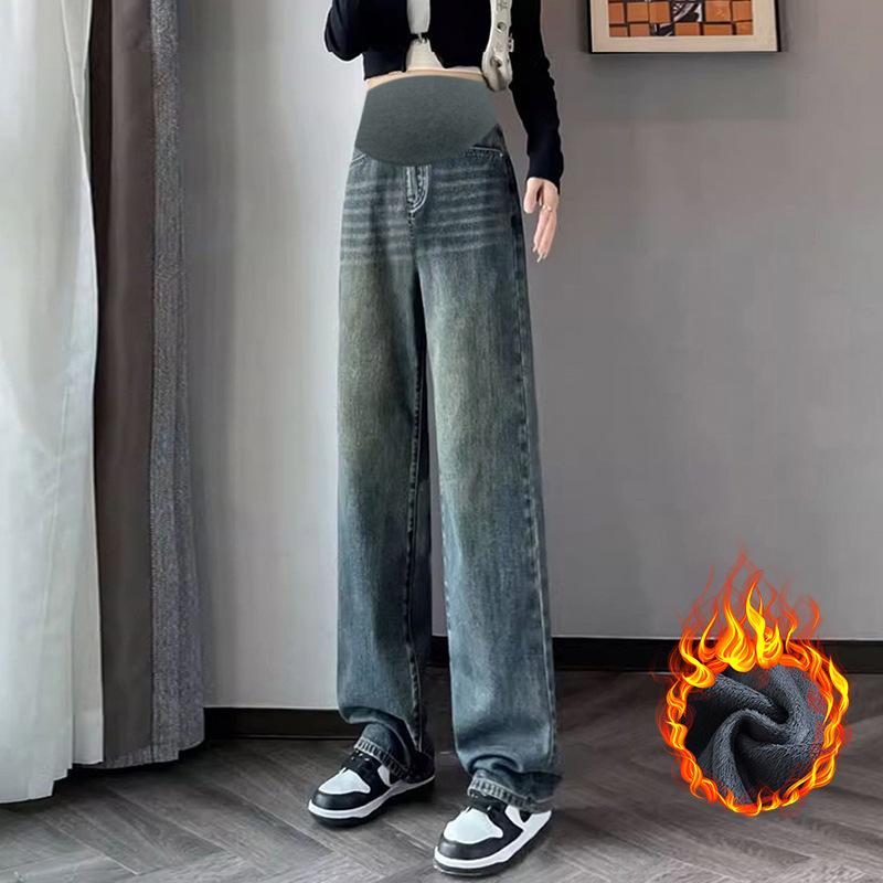 Pregnant Women's Velvet Wide-leg Jeans Are Loose for Winter Wear, and They Are Thin and Drape. Straight High-waisted Support and Floor Pants.