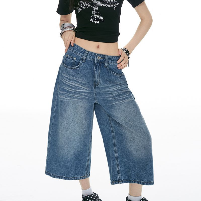 Trendy Summer Vintage Loose Wide Leg Straight Cropped Capri Denim Pants For Women Versatile Slimming FigureFlattering Daily Capri Trousers