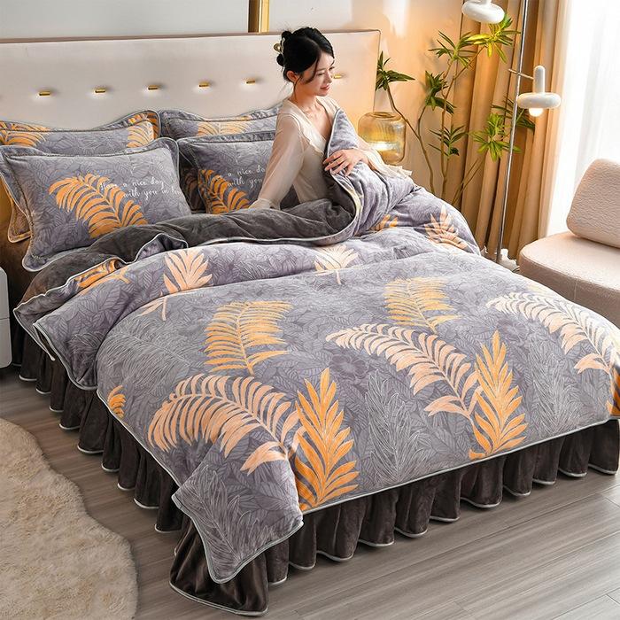 Thickened Milk Fleece Four-Piece Coral Fleece Quilt Cover, Bed Sheet Fleece Double-Sided Fleece Flannel Bedding, Bed Skirt