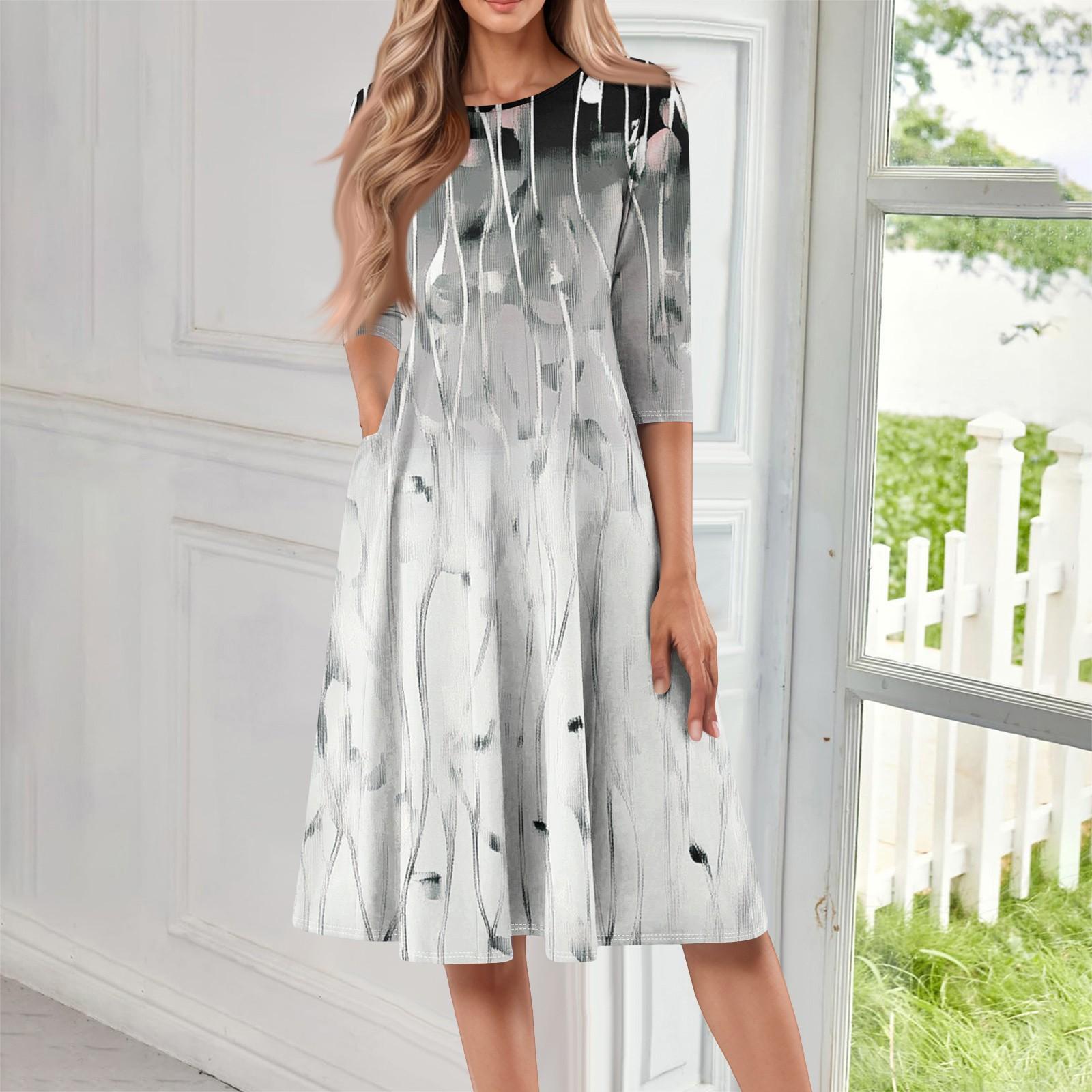 

Женское повседневное модное платье миди с круглым вырезом и рукавом три четверти M