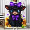 Cute Black Calf with Purple Bow Sunflowers Hearts Animal Art Blanket Soft Cozy Farmhouse Decor Kids Gift Home Textile