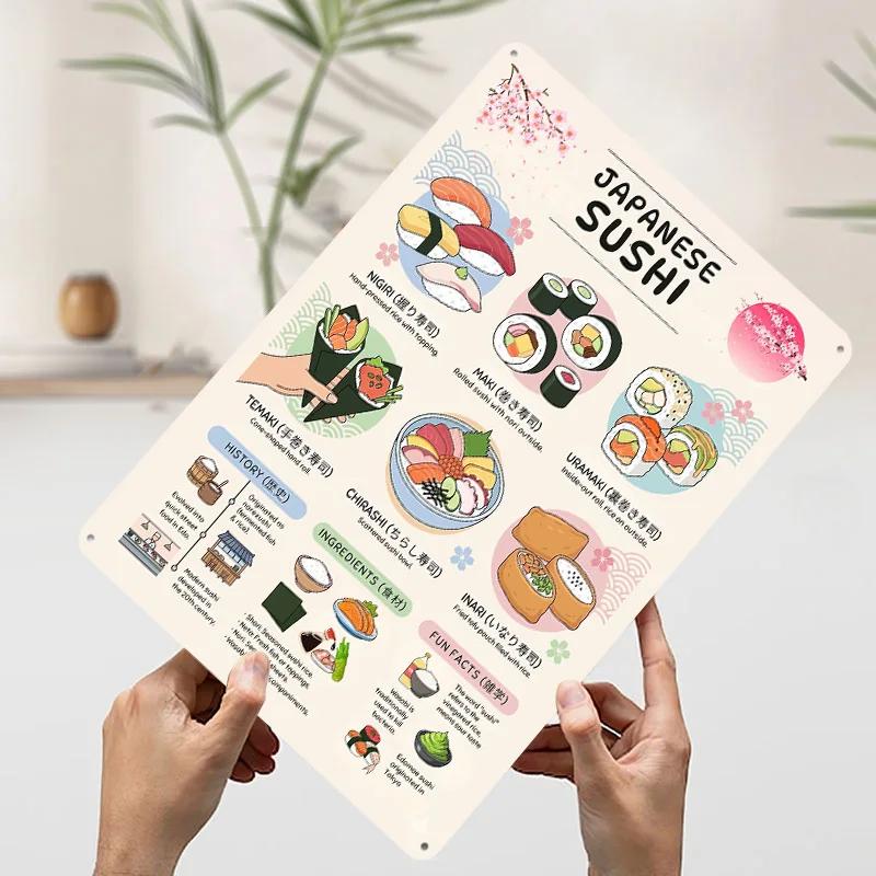 Japanese Sushi Types and Information Tin Plaque Poster Customized Wall Art Retro Vintage Metal Signs for Man Cave Office Decor