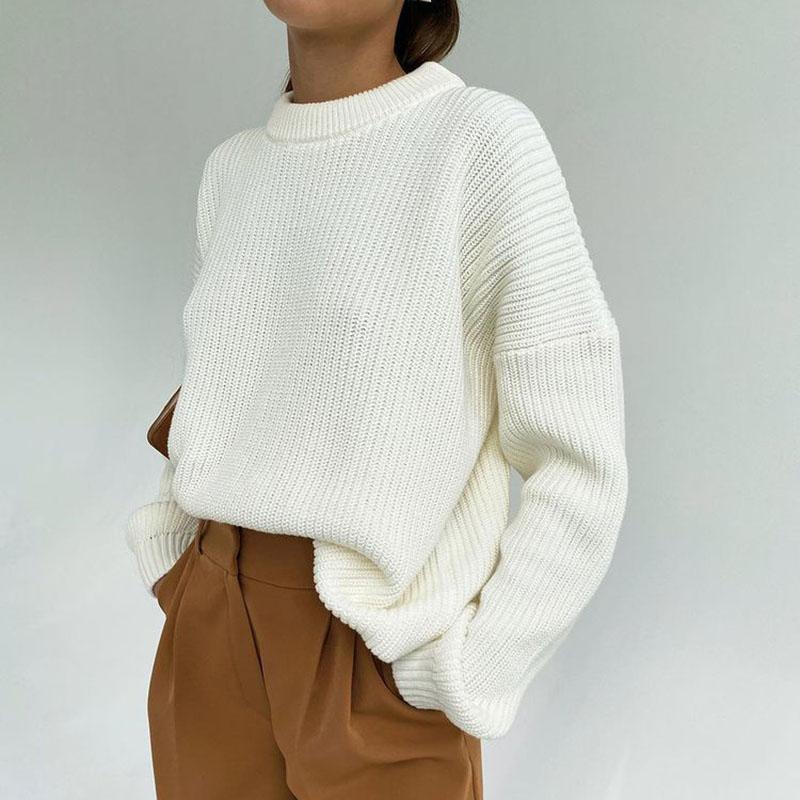 O-Neck Solid Color Loose Sweaters Office Lady Fall Winter Knitted Pullovers Women Casual Long Sleeve Jumpers Streetwear