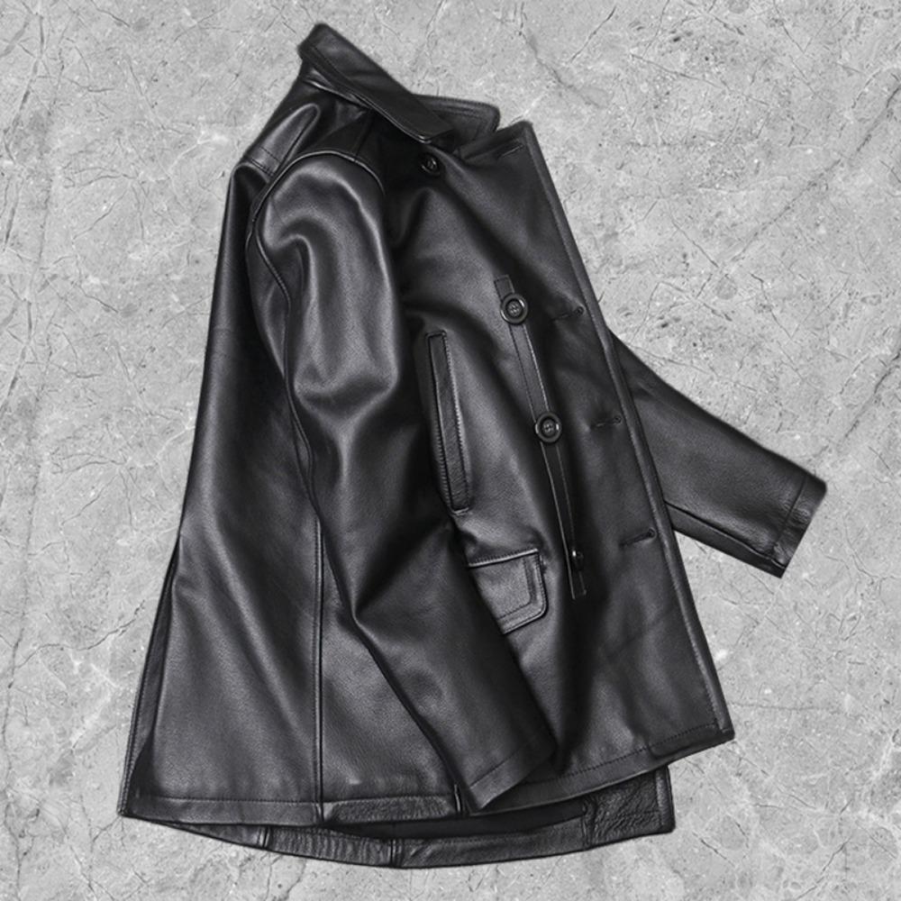 Chinese Size Long Jacket Men Genuine Leather Wind Coat Classic Black Plus Size Cowhide Jacket Casual Leather Cloth
