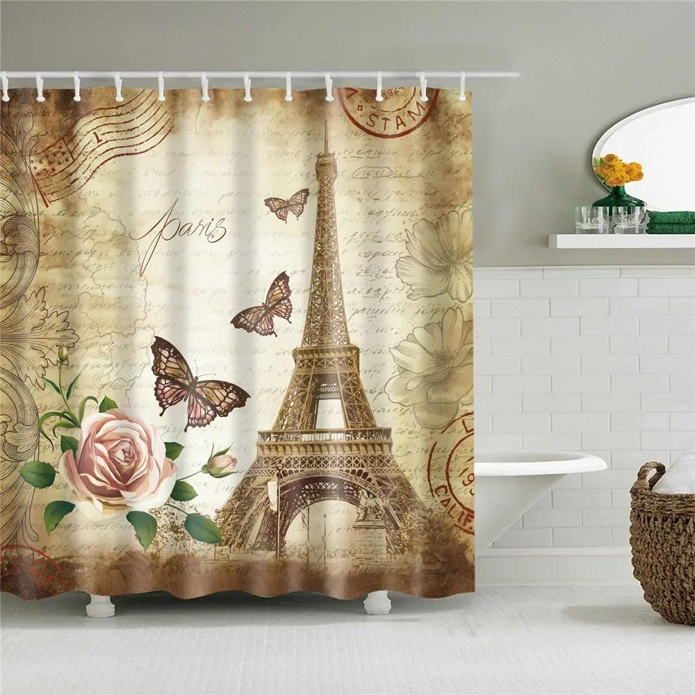 Paris Eiffeltornet Tryck Badrum Duschdraperi Vattentät Badrumsinredning Gardiner Bergskog Badrumsgardin Med Krokar
