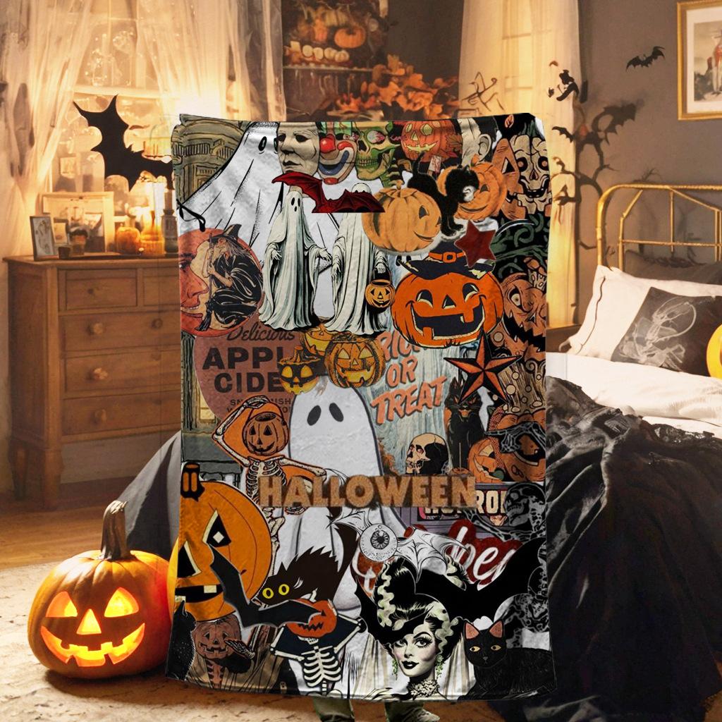 Halloween Witch Pattern Digital-printed Polyester Bedroom Velvet Flannel Cover Blanket Fleece Soft Sofa Cover Blankets for Beds