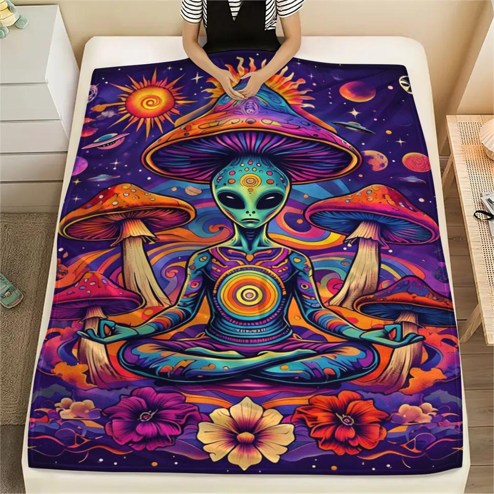 1 szt. Koc flanelowy z nadrukiem UFO i kosmitów, Wysokiej jakości, Wygodny na wszystkie pory roku, Wystrój domu, Ciepło i komfort, Idealny na prezenty