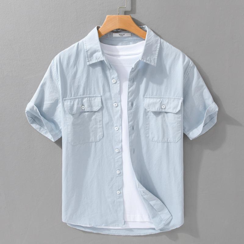 

Летняя рубашка-карго с коротким рукавом для мужчин в японском стиле, рабочая одежда для мужчин, топы, облегающая посадка, 100% хлопок, повседневная рубашка, комфорт XXXL светло-синий