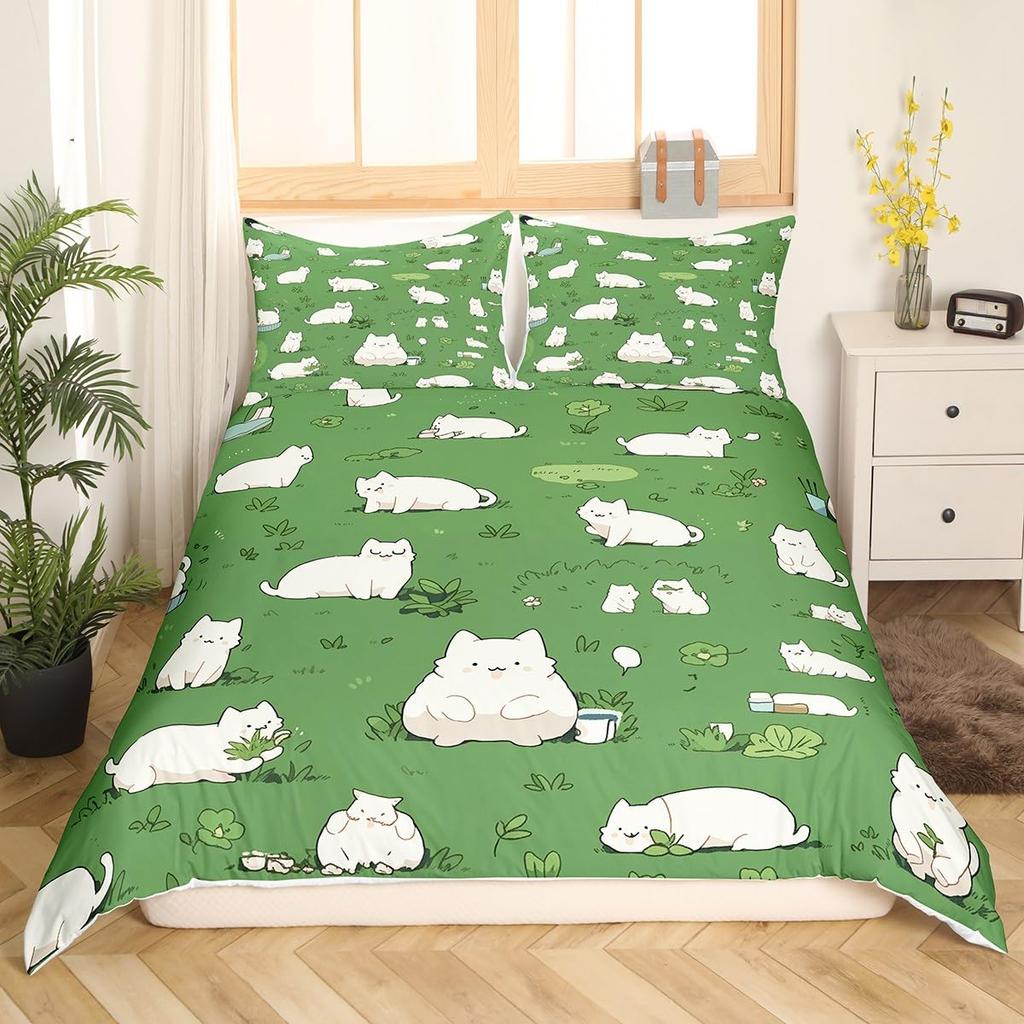 Kawaii Cat Duvet Cover Pink Bowknot Kitten Bedding Set Sweet Pet Animal Comforter Cover Princess Bow Girly Polyester Quilt Cover