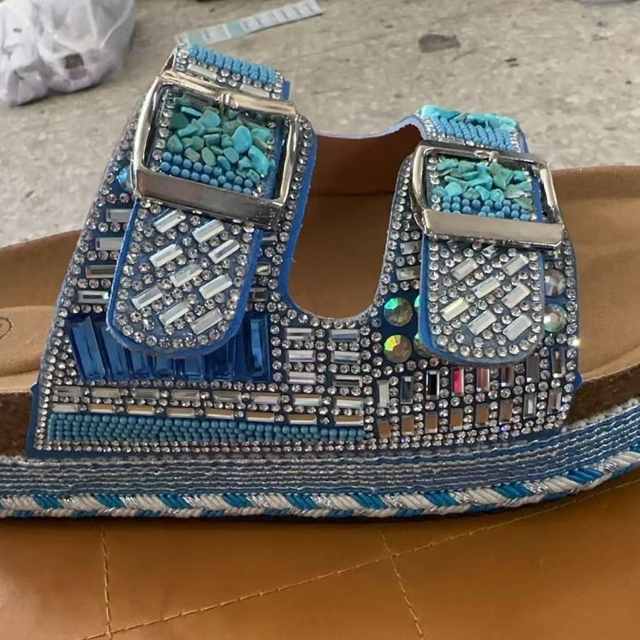 Vintage Rhinestone Double Buckle Cork Slippers for Women,Thick-Soled Summer Slides,Comfortable and Fashionable Beach Slippers