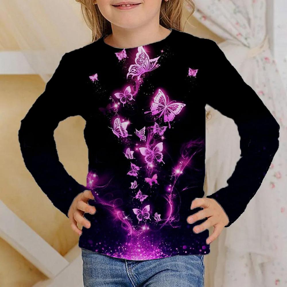 Spring and Autumn Round Neck Butterfly Pattern 3D Printed Top Fashionable Casual Long Sleeved Children's Girl T-shirts