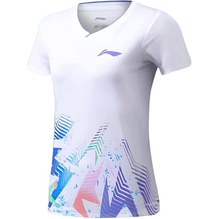 Li-Ning Badminton Series Colorful Print V-Neck Pullover Short Sleeve Badminton Shirt Women tops Standard-White AAYT994